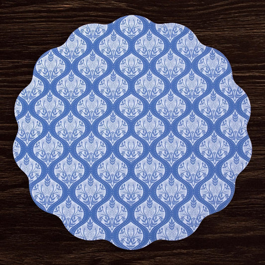 Flowers & Pattern Reversible  Round Placemats Set of 4 (Blue & White)