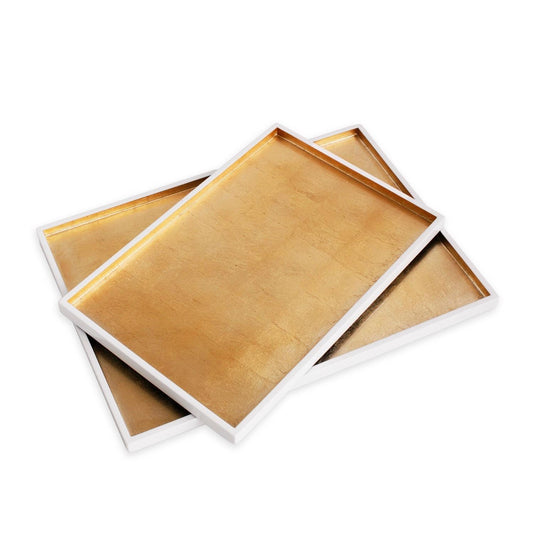 INDOCHINE Rectangle Lacquered Trays Set of 2  (White and Gold)