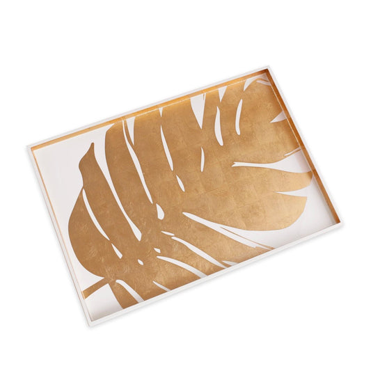 INDOCHINE Large Lacquered PhilodendronTray (White and Gold)