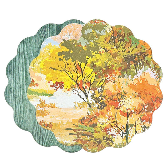 VIDA Fall Trees and Wood Grain Reversible Round Placemats Set of 4 Orange & Green
