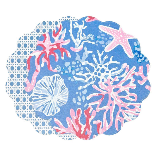 VIDA Sealife and Rattan Reversible Round Placemats Set of 4 Blue & Pink