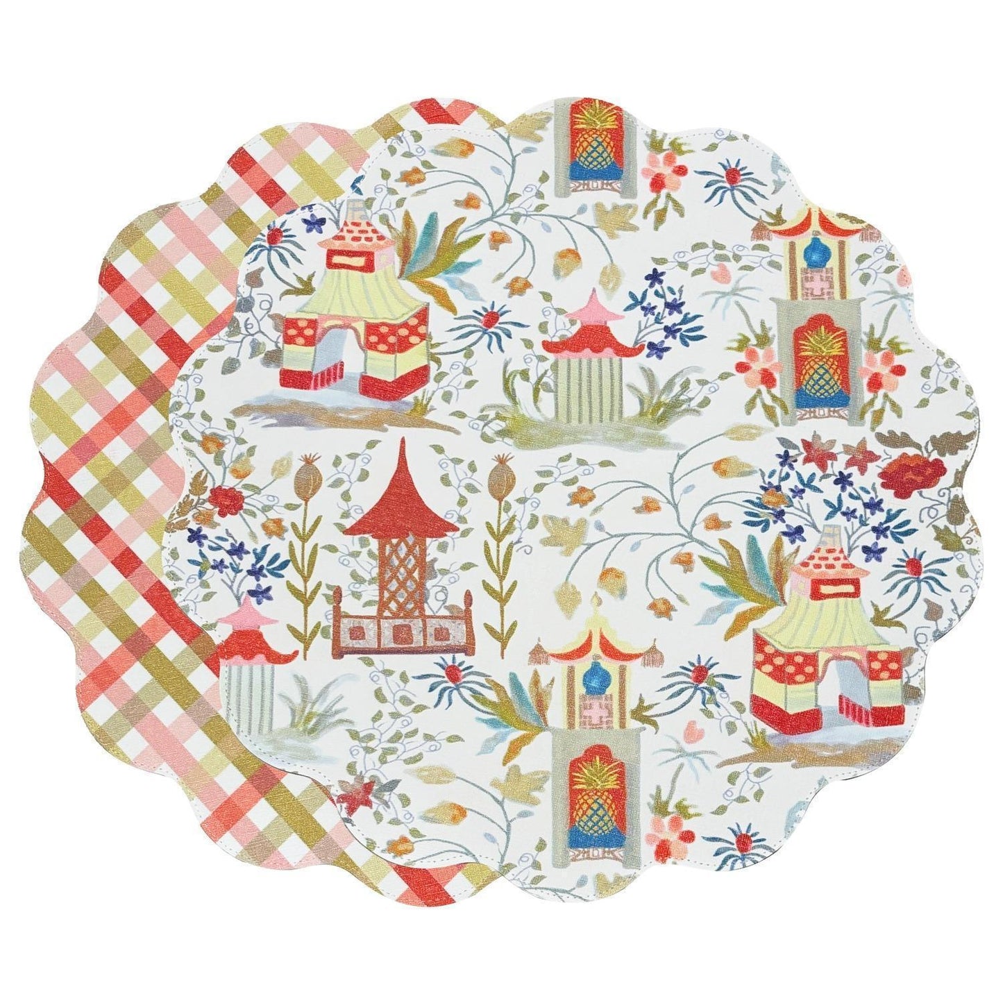 VIDA Pagoda and Carlie Plaid Reversible 15.5 Round Placemats Set of 4 Red & Orange