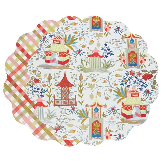 VIDA Pagoda and Carlie Plaid Reversible 15.5 Round Placemats Set of 4 Red & Orange