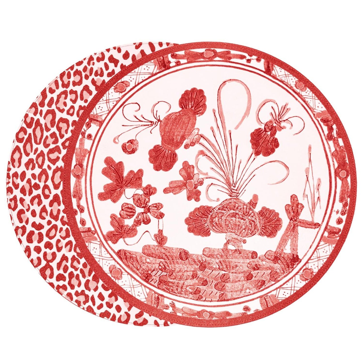 VIDA Faenza and Leopard Reversible Round Placemats Set of 4 (White & Red)