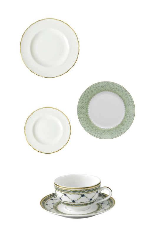 Chelsea Duet by Royal Crown Derby w/ Apple Green Lace by Mottahedeh and Allee Royale by Raynaud Five Piece Place Setting
