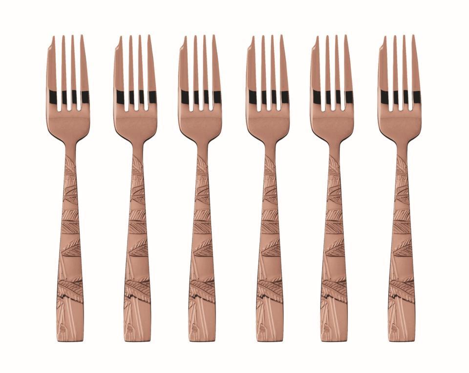 6 pc Cake Fork Set in Wooden Box PVD Copper