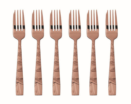 6 pc Cake Fork Set in Wooden Box PVD Copper