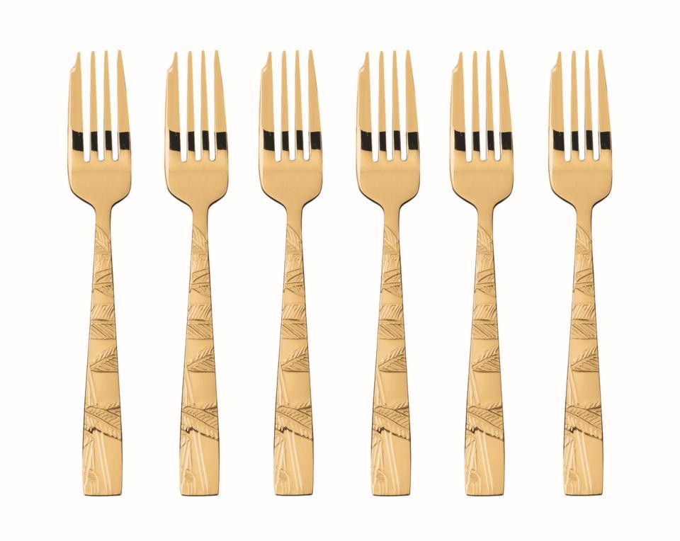 6 pc Cake Fork Set in Wooden Box PVD Gold