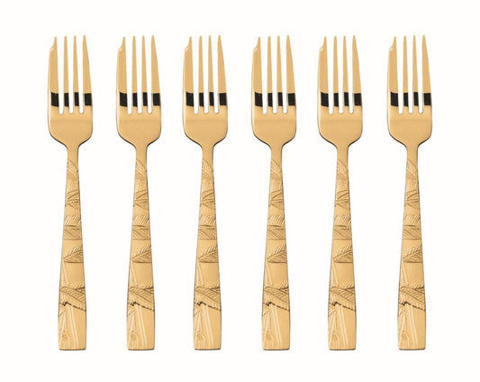 6 pc Cake Fork Set in Wooden Box PVD Gold