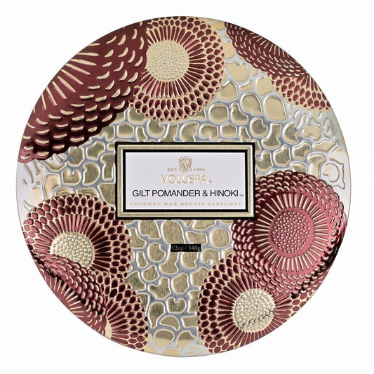 Gilt Pomander Hinoki 3 wick candle tin