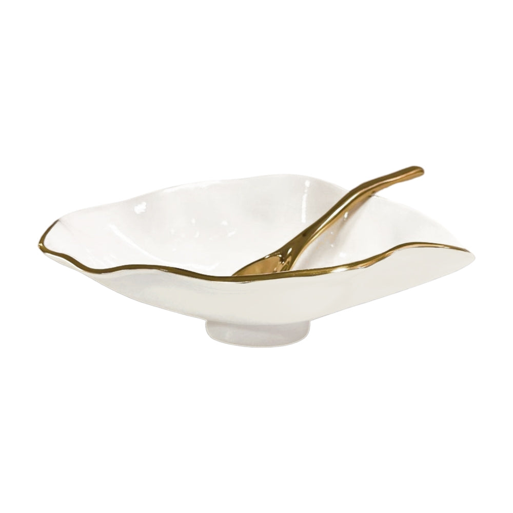 Claire Small Oval Bowl with Spoon (Cream, White and Gold)