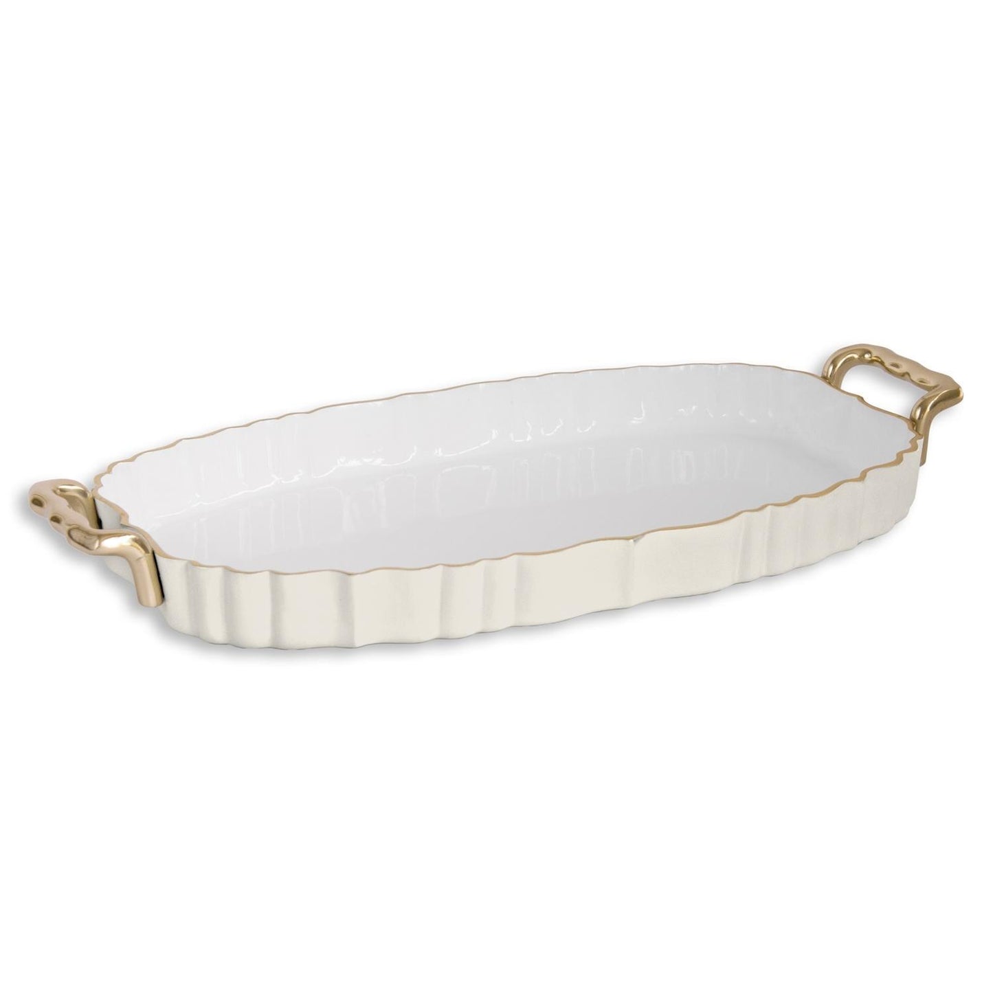 ENCANTO Vintage Fluted Oval Tray with Handles (Cream and White)