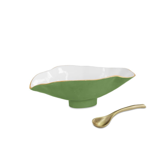 ENCANTO Claire Small Oval Bowl with Spoon  (Leaf Green and White)