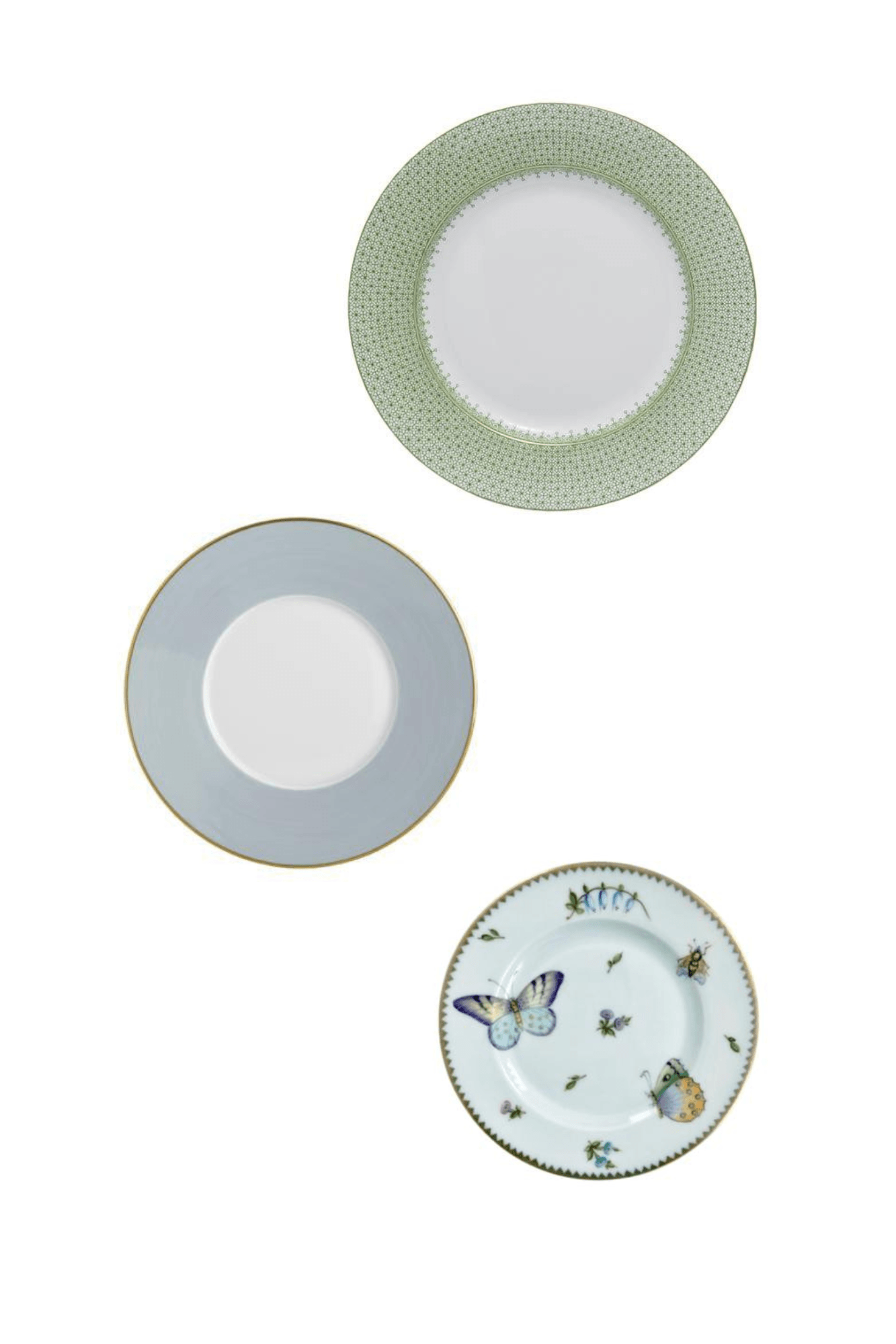 Apple Green Lace by Mottahedeh w/ Lexington Lavande by Haviland and Butterfly Meadow by Anna Weatherley Three Piece Place Setting