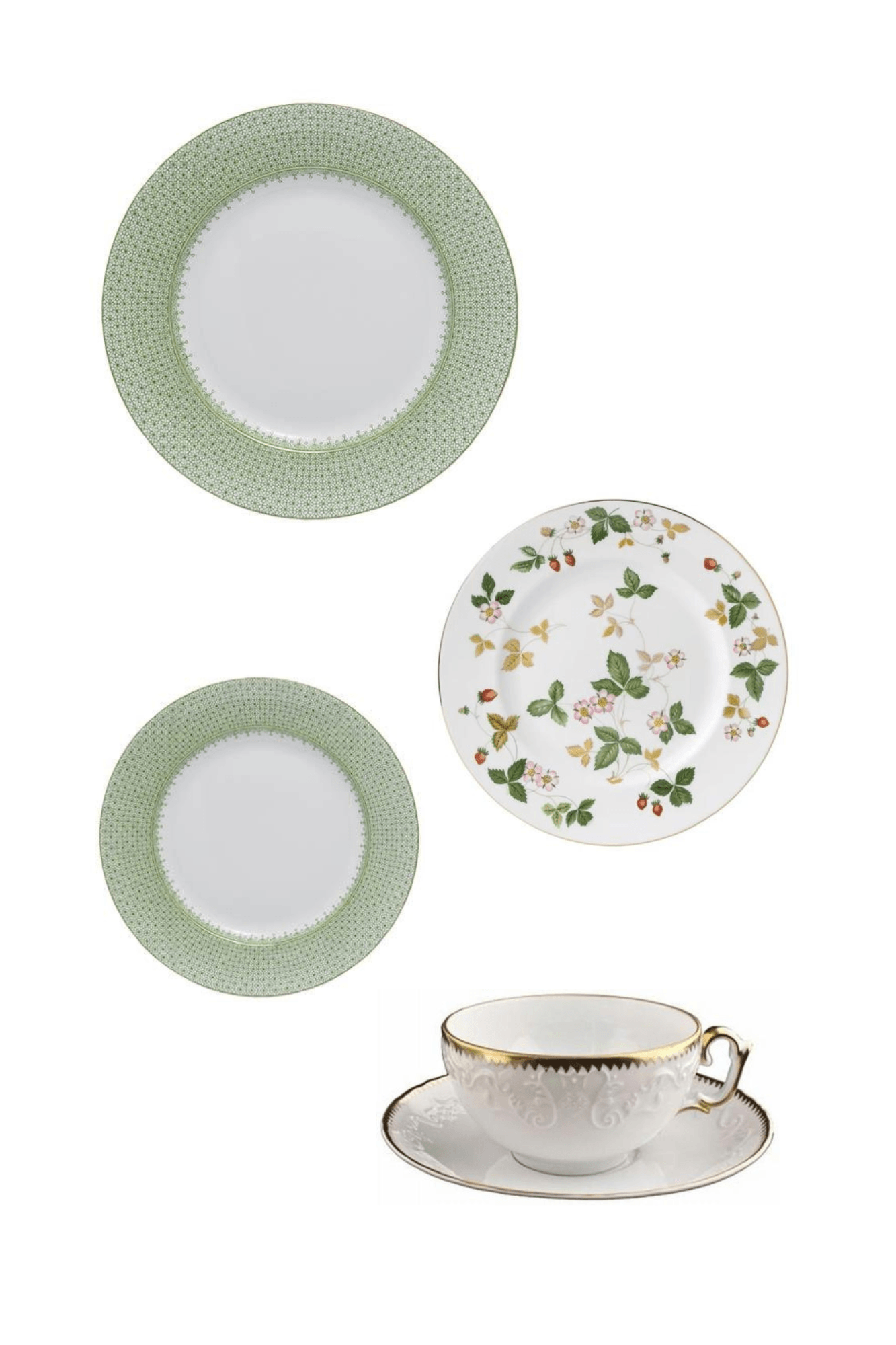 Apple Green Lace by Mottahedeh w/ Wild Strawberry by Wedgwood and Simply Anna by Anna Weatherley Five Piece Place Setting