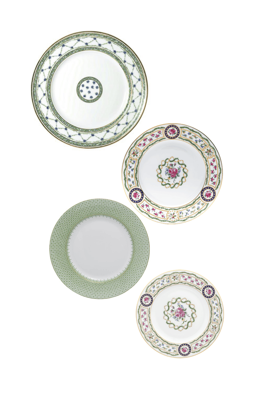 Allee Royale by Royal Crown Derby w/ Louveciennes by Haviland and Apple Green Lace by Mottahedeh Four Piece Place Setting