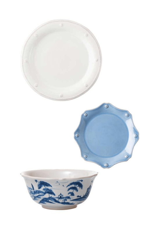 Berry & Thread Whitewash w/ Berry & Thread Chambray Scallop and Country Estate Delft Blue by Juliska Three Piece Place Setting