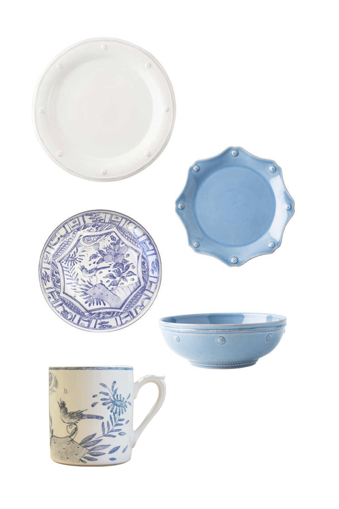 Berry & Thread Whitewash and Chambray by Juliska w/ Oiseau Blue by Gien Five Piece Place Setting