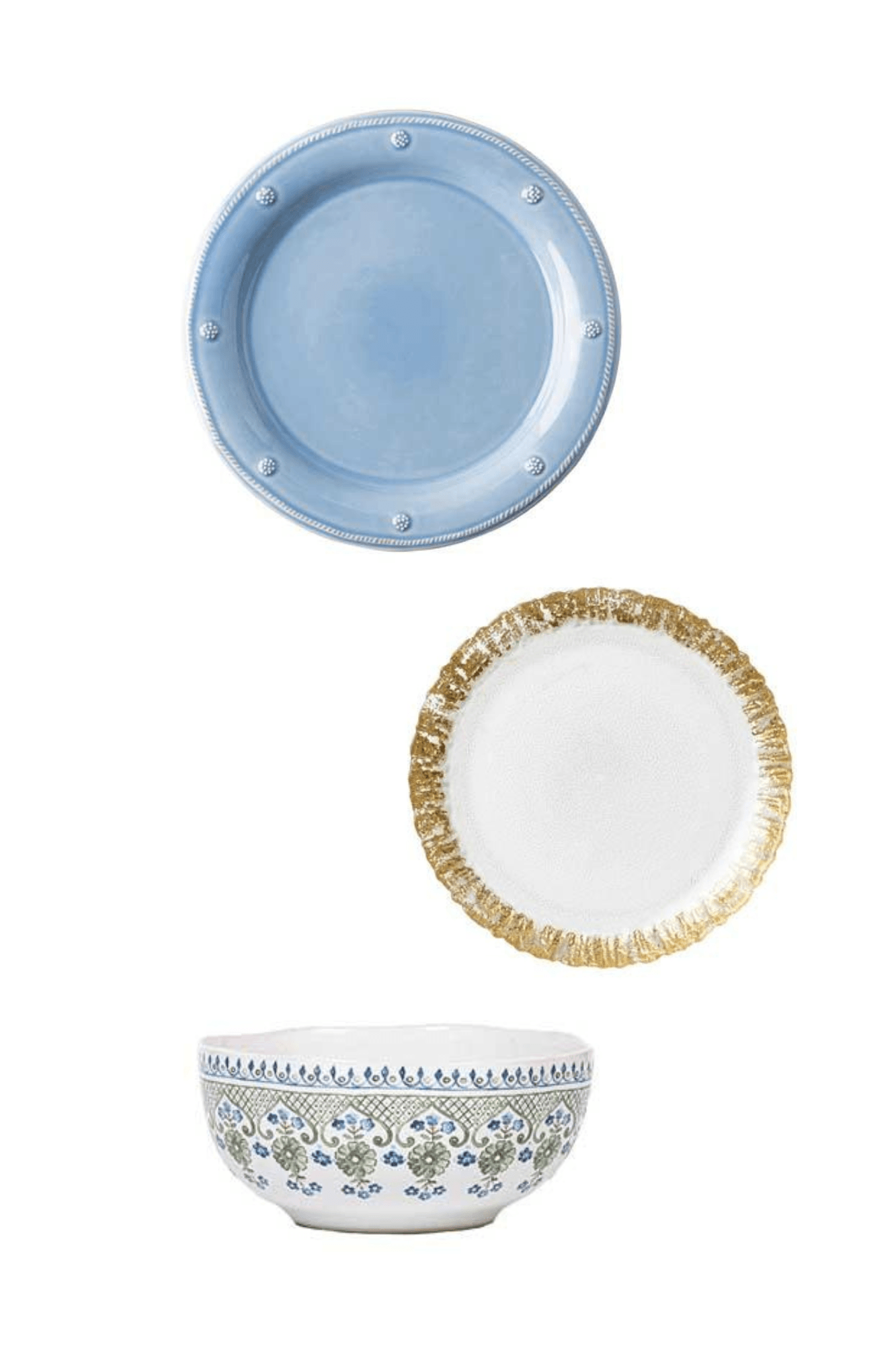 Berry and Thread Chambray by Juliska w/ Rufulo Gold by Vietri and Villa Seville by Juliska Three Piece Place Setting