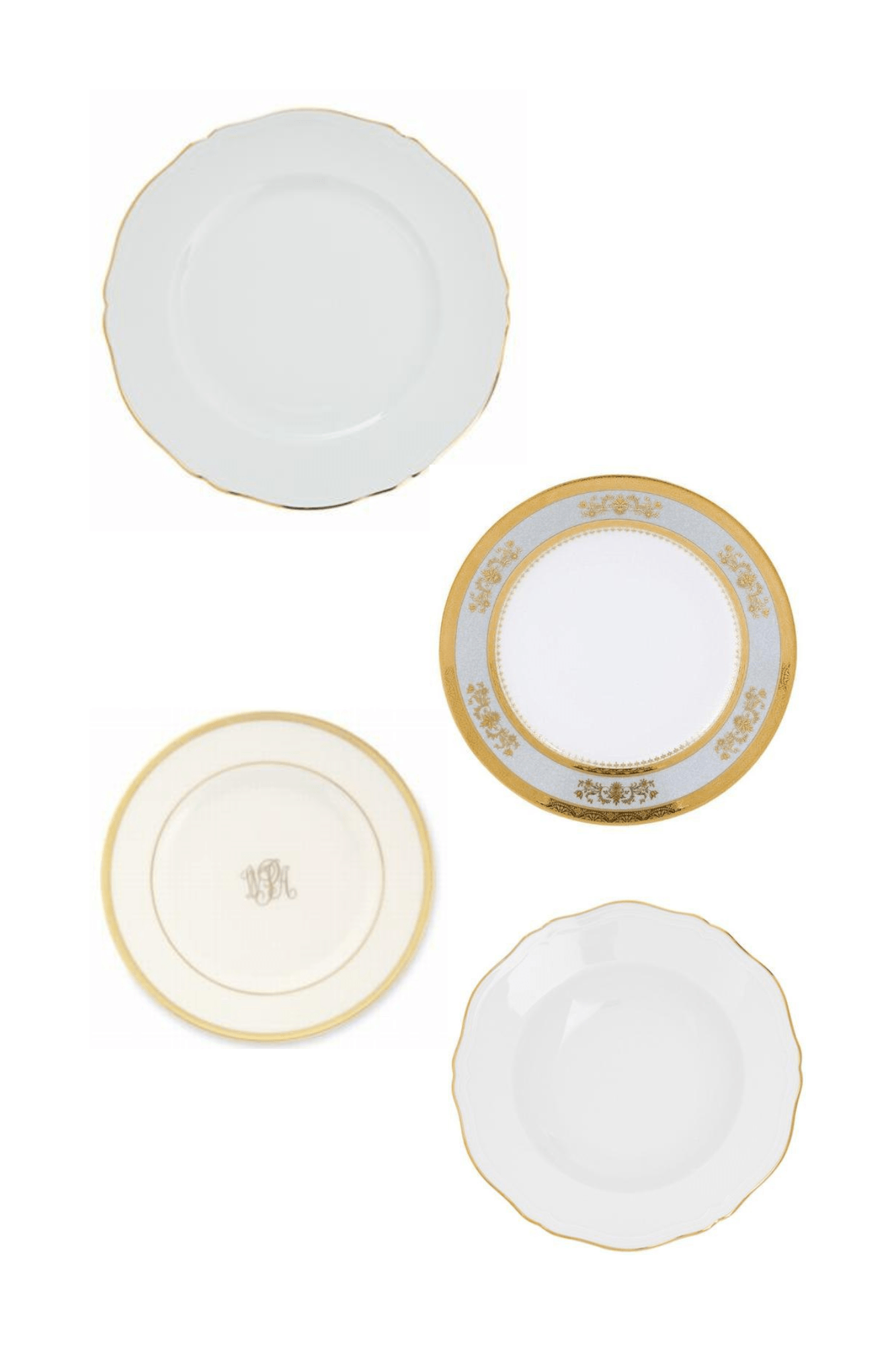 Corona Gold by Richard Ginori w/ Orsay Powder Blue by Philippe Deshoulieres and Signature Ultra White/Gold Monogrammed by Pickard Four Piece Place Setting