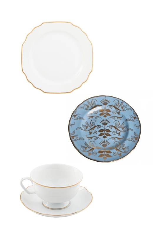Georgian Gold Ultra White by Pickard w/ Darley AbbeyHarlequin Duck Egg by Royal Crown Derby Four Piece Place Setting