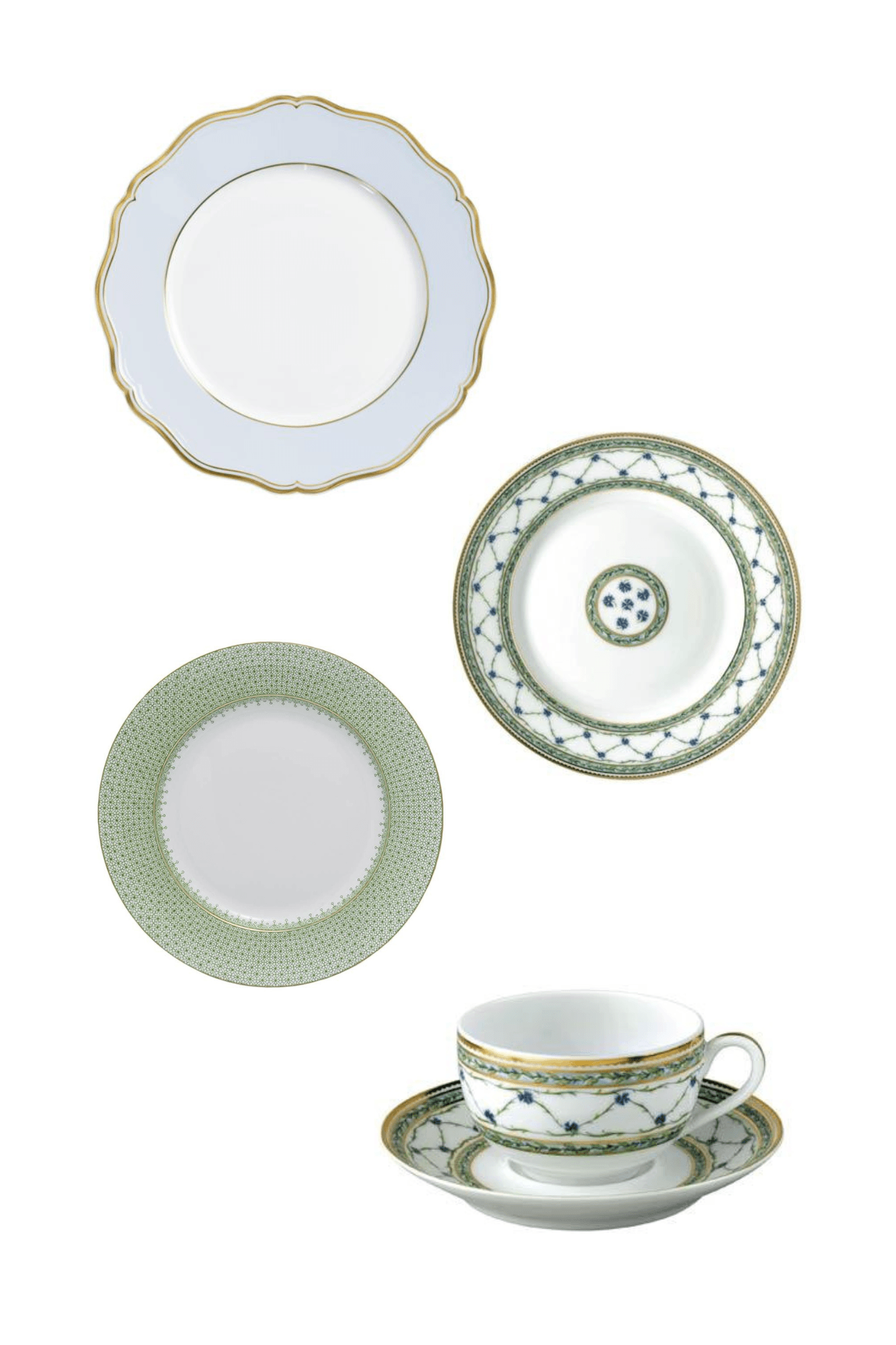 Mazurka Or Fond Bleu Gris by Raynaud w/ Apple Green Lace by Mottahedeh and Allee Du Roy by Raynaud Four Piece Place Setting