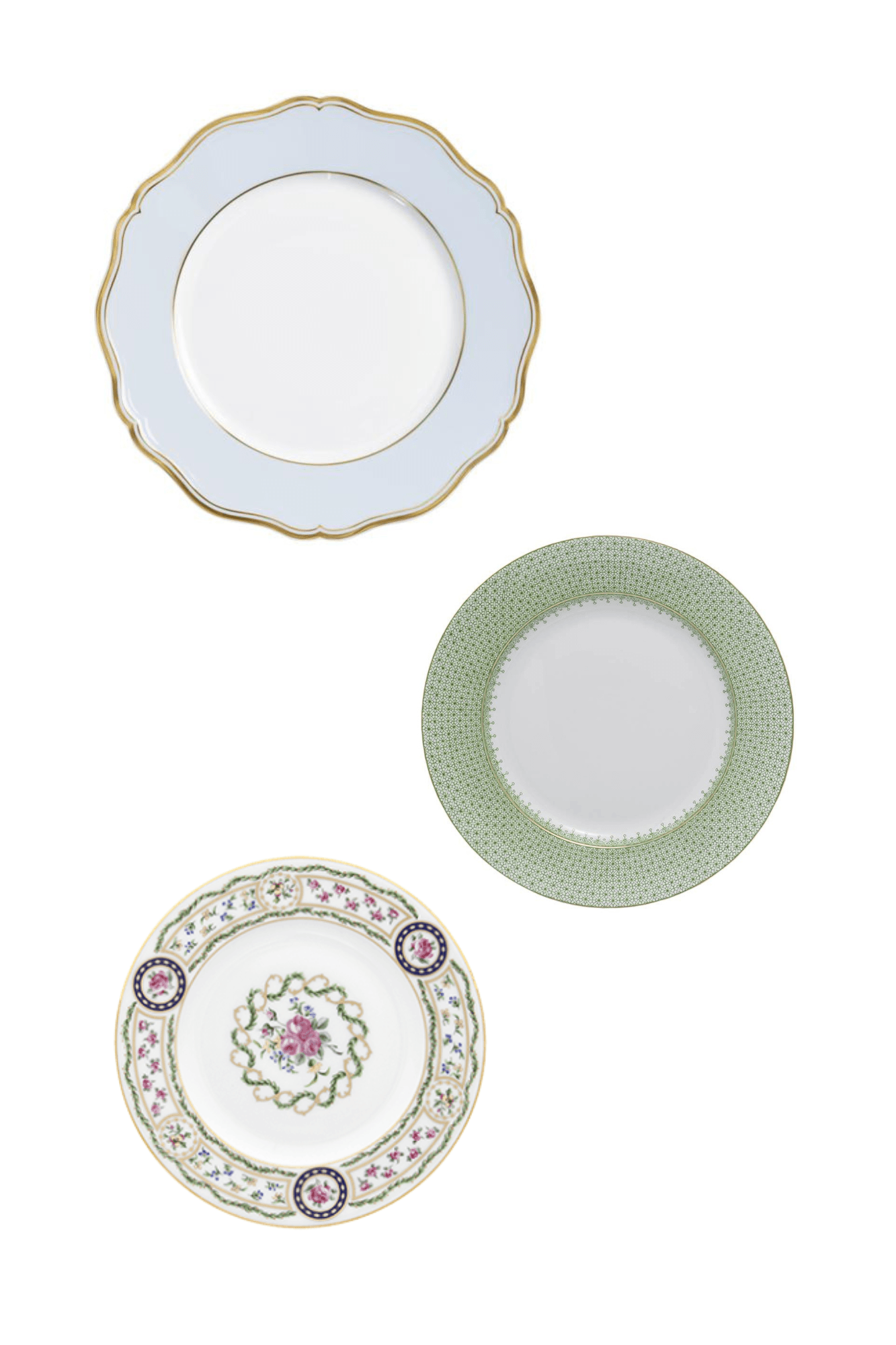 Mazurka Or Blue Grey by Raynaud w/ Apple Green Lace by Mottahedeh and Louveciennes by Haviland Three Piece Place Setting
