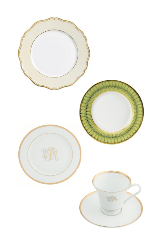 Mazurka Or Ivory by Raynaud w/ Signature White/Gold Monogrammed by Pickard and Arcades Green/Gold by Philippe Deshoulieres Five Piece Place Setting