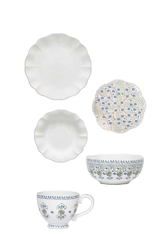 Rosa White by Costa Nova w/ Villa Seville by Juliska Five Piece Setting