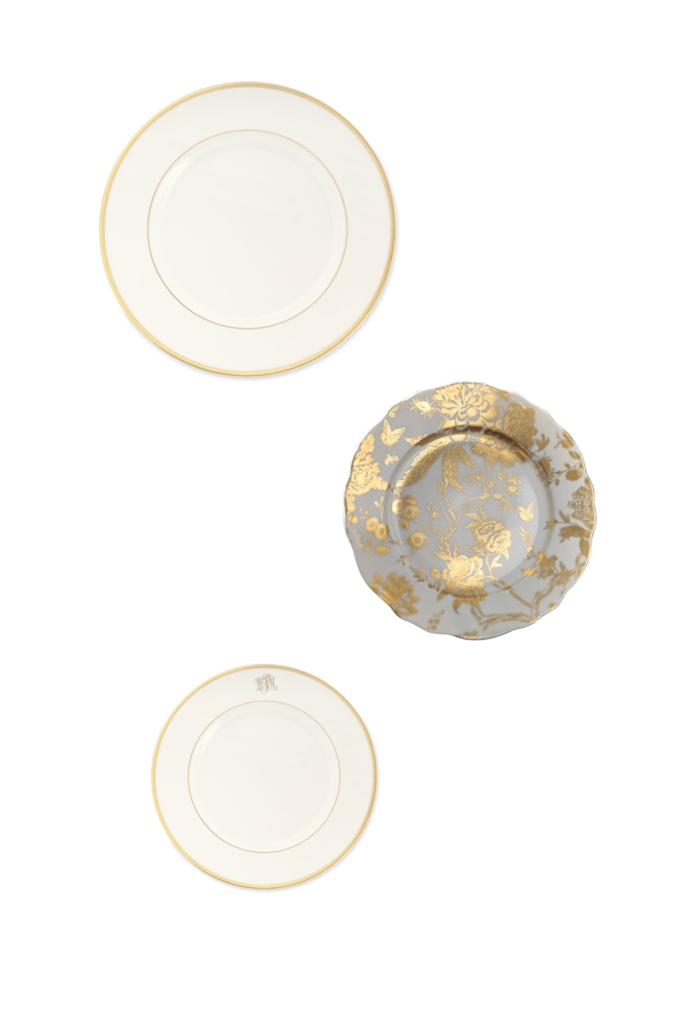 Signature Ivory/Gold by Pickard w/ Jardin Secret Grey/Gold by Philippe Deshoulieres Three Piece Place Setting
