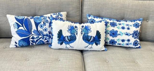 Blue and White Embroidered Pillow
