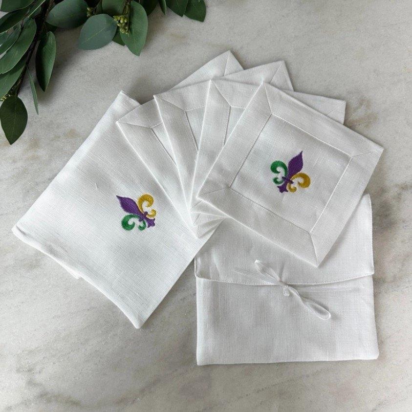 Fleur de lis Cocktail Napkin Set, White (Multi)