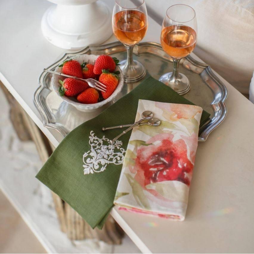 Victorian Linen Towel, Evergreen (White)
