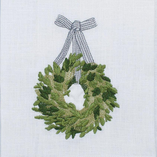 Boxwood Wreath Linen Towel, White