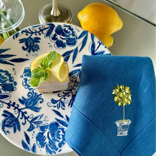 Lemon Topiary Large Linen Napkin, Royal Blue