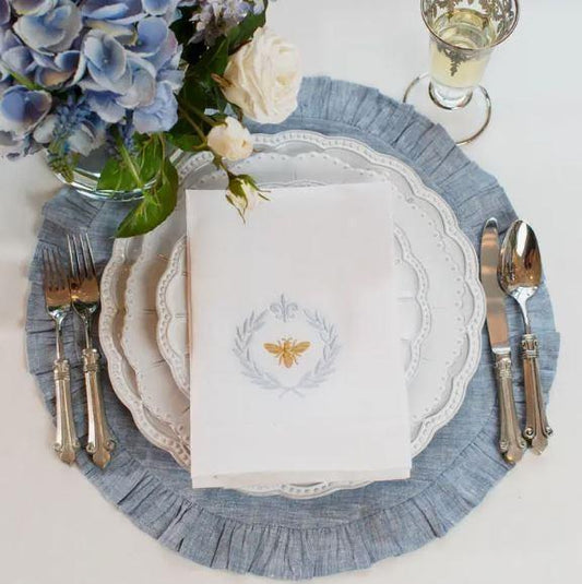 Round Ruffle Linen Placemat, Blue Chambray