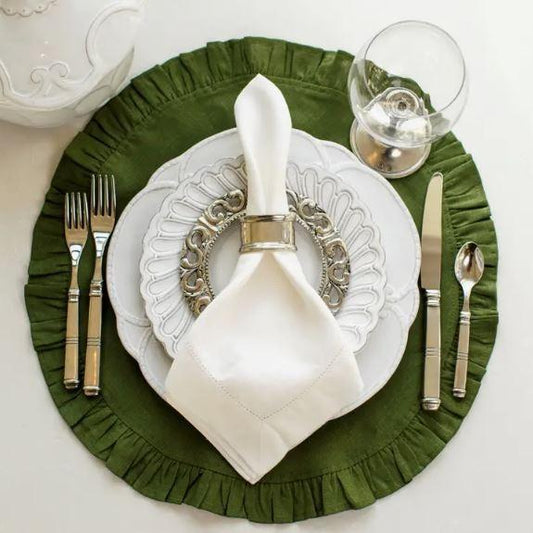 Round Ruffle Linen Placemat, Evergreen