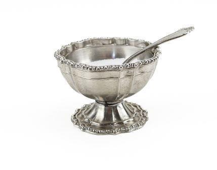 VINTAGE BEADED PEWTER SALT CELLAR WITH SPOON