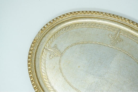 Oval Wooden Tray, Antique Silver