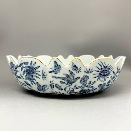 Sacred Bird & Butterfly Blue Scalloped Bowl