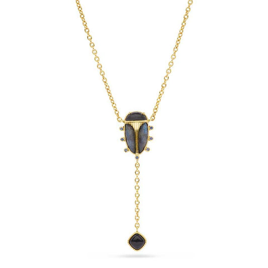 Lariat Necklace, 18" - Blue Labradorite/Black Agate