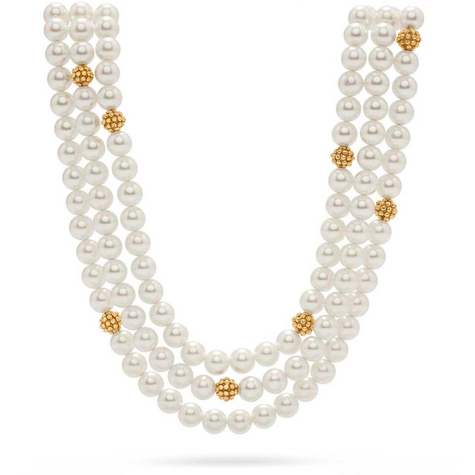 Bead Triple Strand Necklace, 18' - Pearl