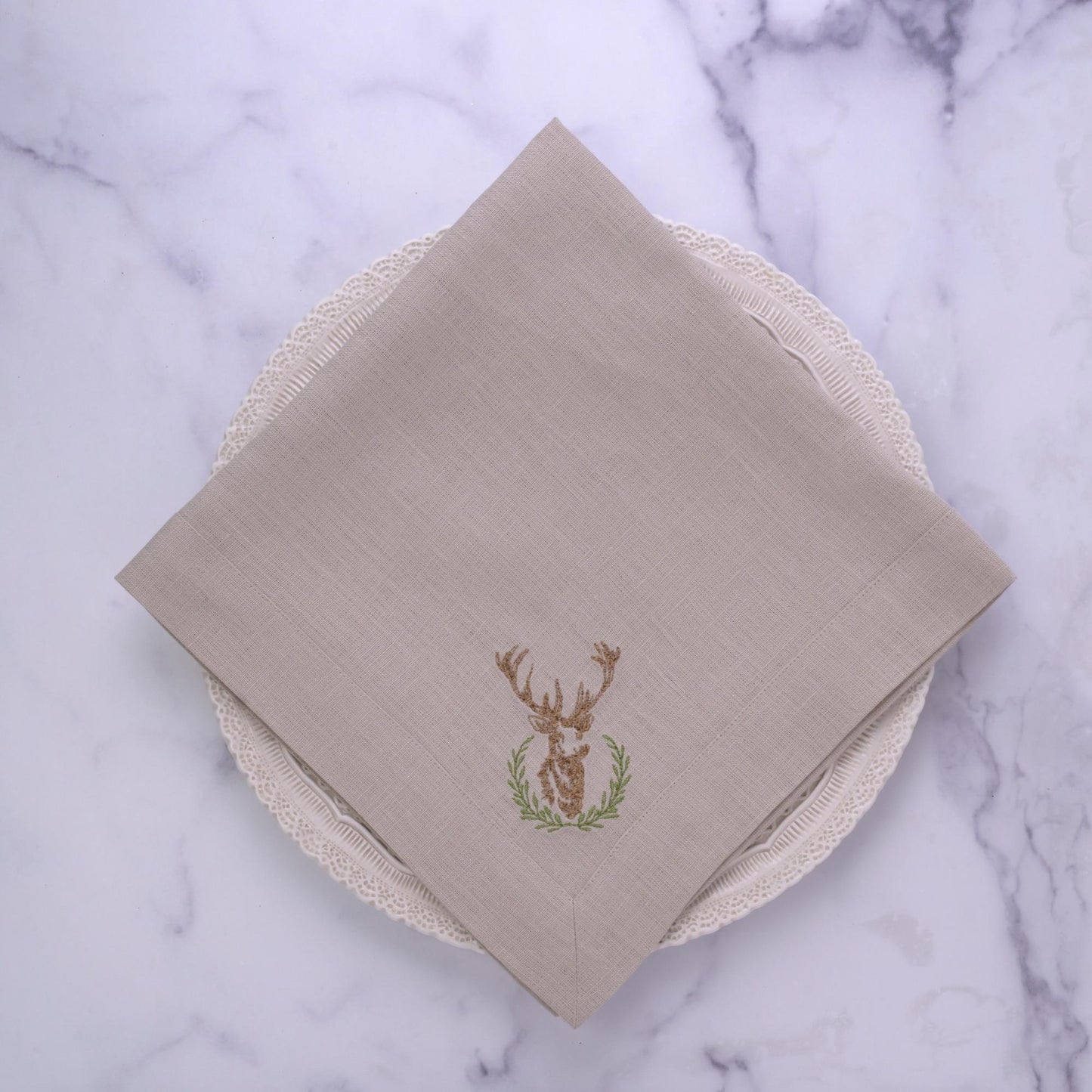 Laurel Wreath Stag, Soft Flax (Brown/Green) Large Napkin