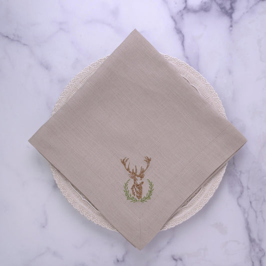 Laurel Wreath Stag, Soft Flax (Brown/Green) Large Napkin
