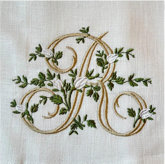 Towel, Floral Monogram R White (Cream Multi)