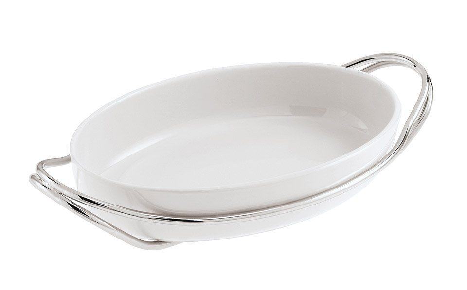 Holder w/ Oval Porcelain Dish Set 18/10 s/s 13 3/4 X 9 1/2 in 2 3/4 in Polished