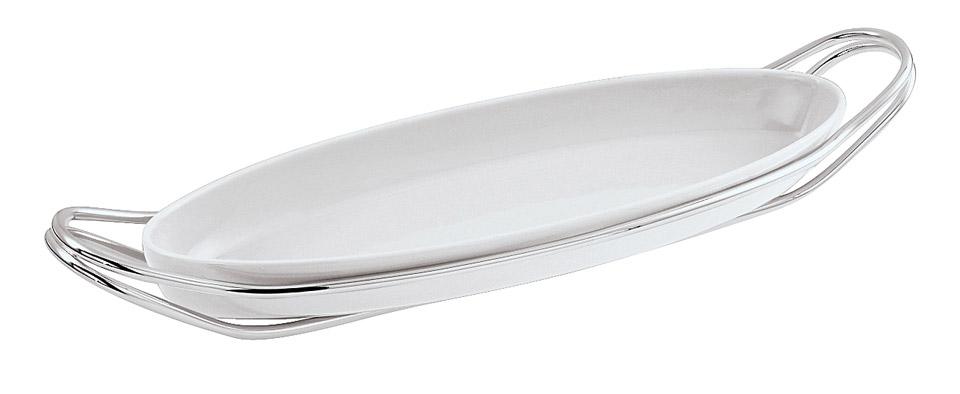 Holder w/ Porcelain Fish Dish Set s/s 18 3/4 X 6 1/2 in Polished