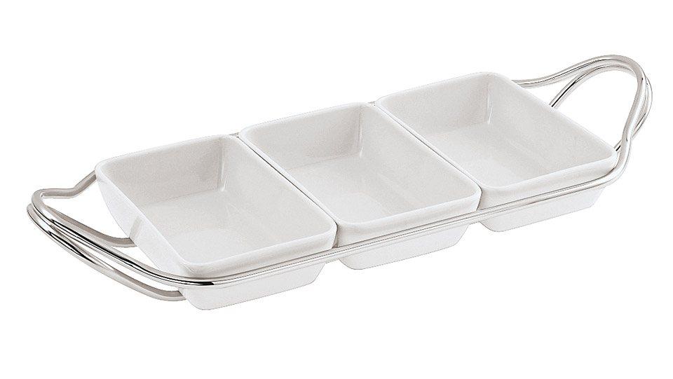 Holder w/ 3 Rectagular Hors D''Oeuvre Dishes Set s/s 14 1/4 x 7 in Polished