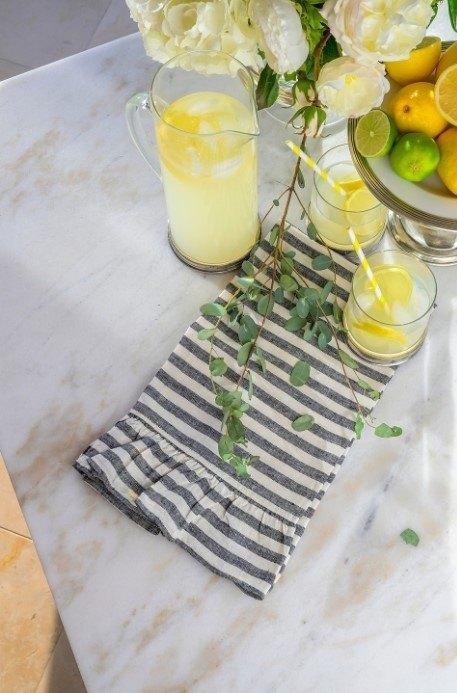 Striped Linen Towel With Ruffle, Black and Cream Stripe