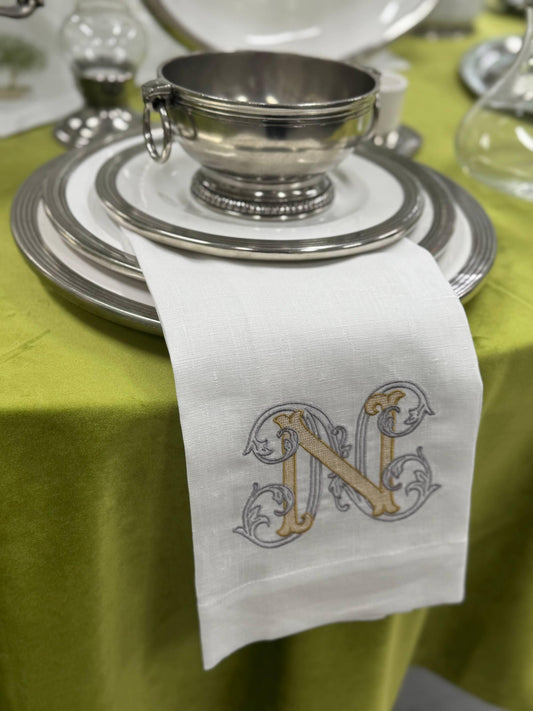 Towel, Vintage Vine Monogram N, White (Gold/Platinum)